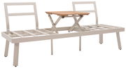 Metallrahmen einer Lounge-Kombination mit zwei Rückenlehnen und einem hochklappbaren Holztisch in der Mitte, seitliche Perspektive.