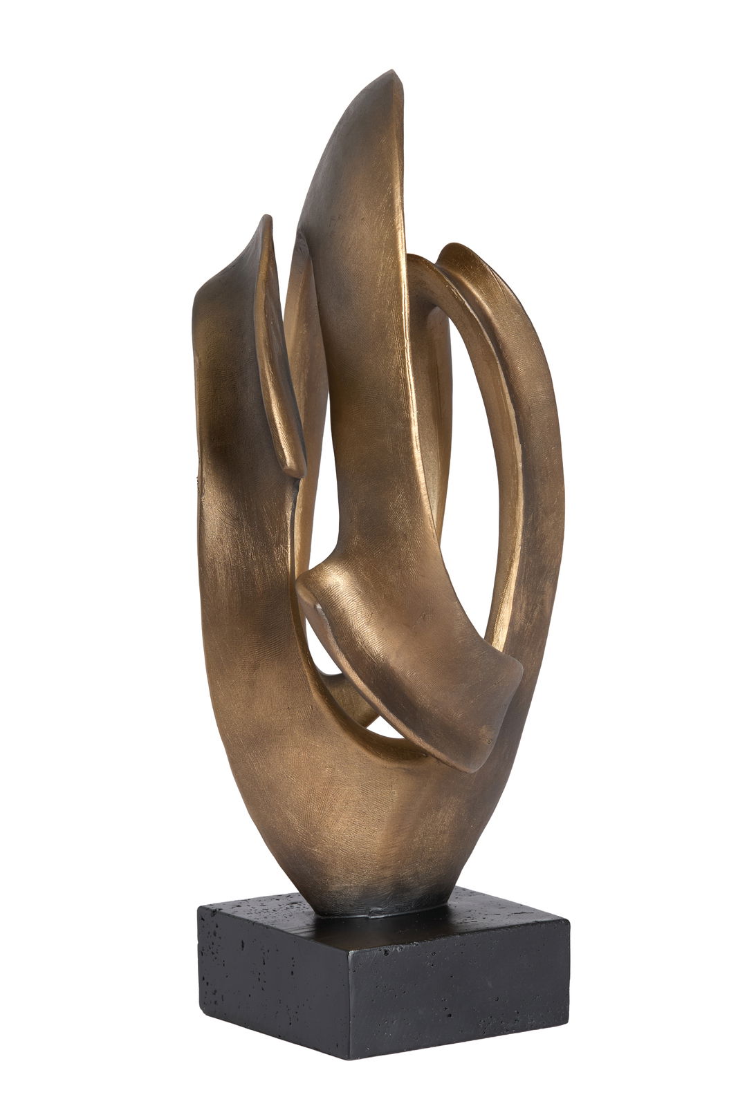 Abstrakte goldene Skulptur auf schwarzem Sockel, seitliche Perspektive