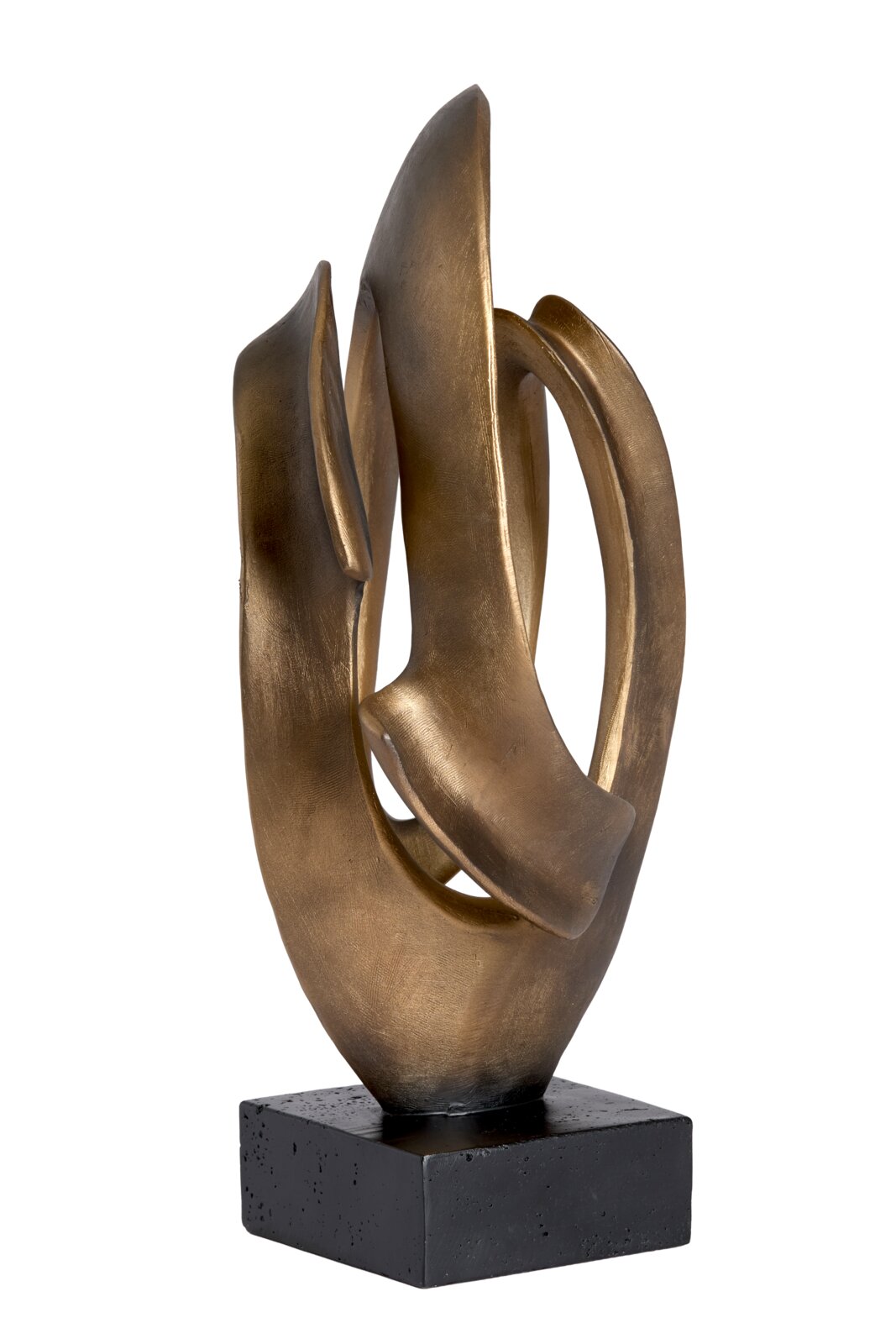 Abstrakte goldene Skulptur auf schwarzem Sockel, seitliche Perspektive