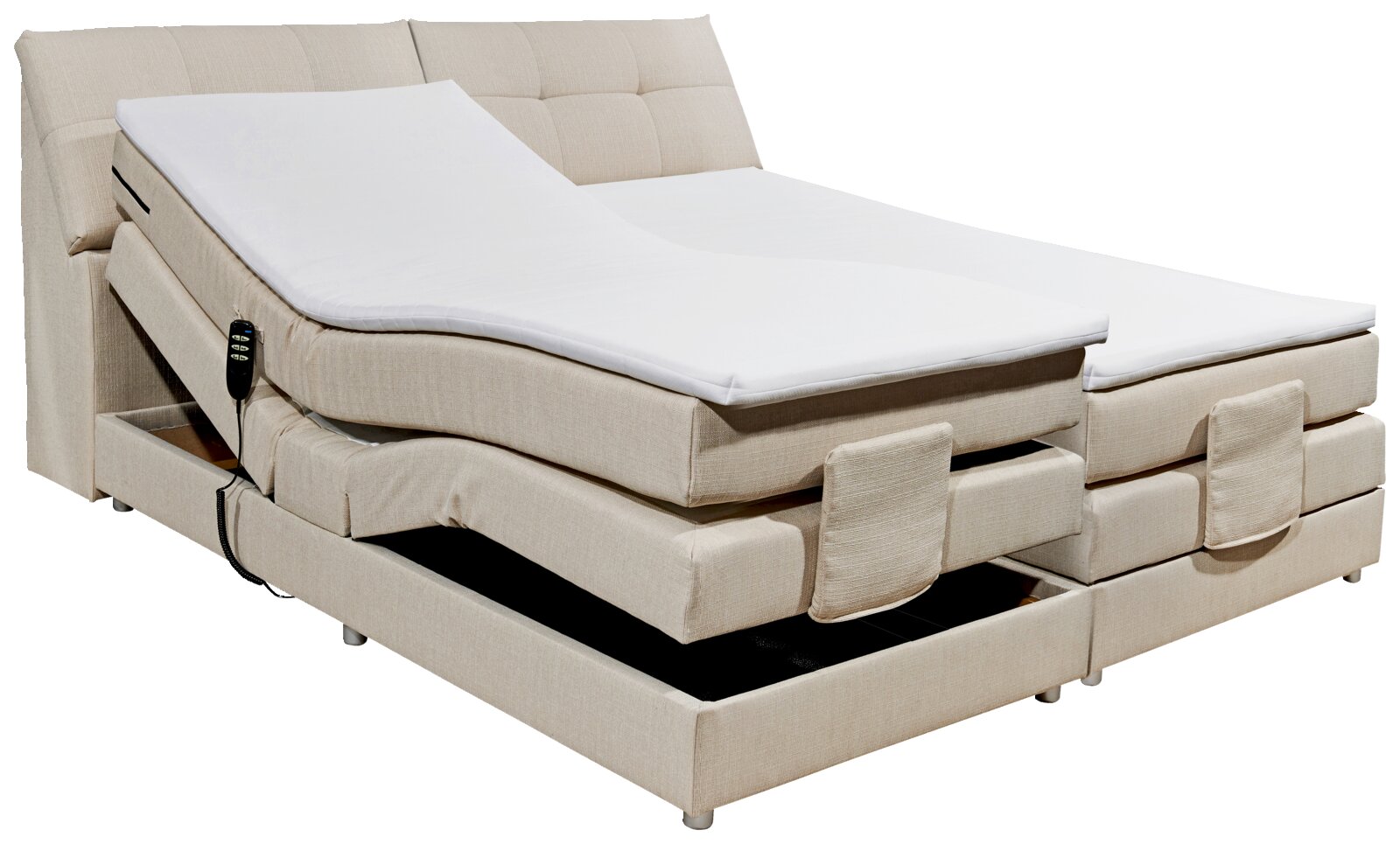 Boxspringbett mit verstellbaren Matratzen, seitliche Perspektive