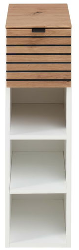 Frontansicht eines modernen Hängeregals mit Holzoptik und weißen Regalfächern.