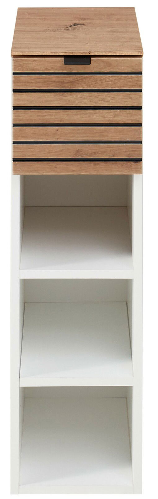 Frontansicht eines modernen Hängeregals mit Holzoptik und weißen Regalfächern.