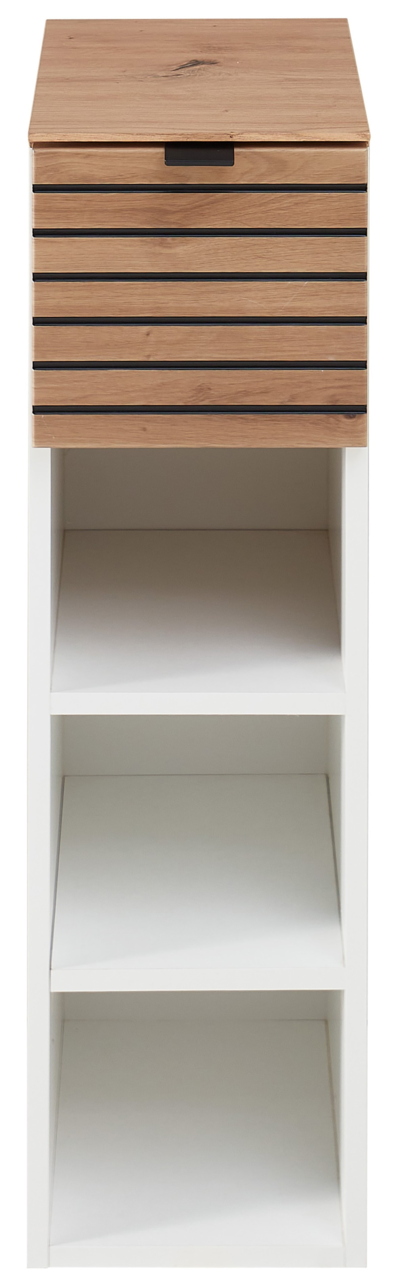 Frontansicht eines modernen Hängeregals mit Holzoptik und weißen Regalfächern.