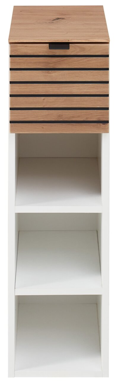 Frontansicht eines modernen Hängeregals mit Holzoptik und weißen Regalfächern.