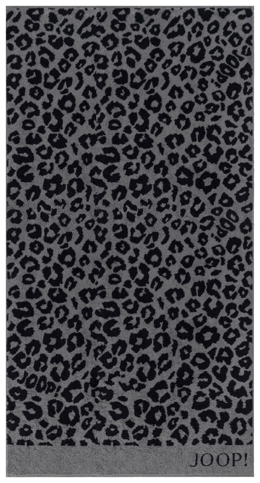 Graues Duschtuch mit schwarzem Leopardenmuster, Draufsicht