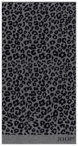 Graues Duschtuch mit schwarzem Leopardenmuster, Draufsicht