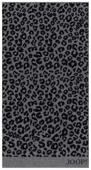 Graues Duschtuch mit schwarzem Leopardenmuster, Draufsicht