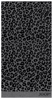 Graues Duschtuch mit schwarzem Leopardenmuster, Draufsicht