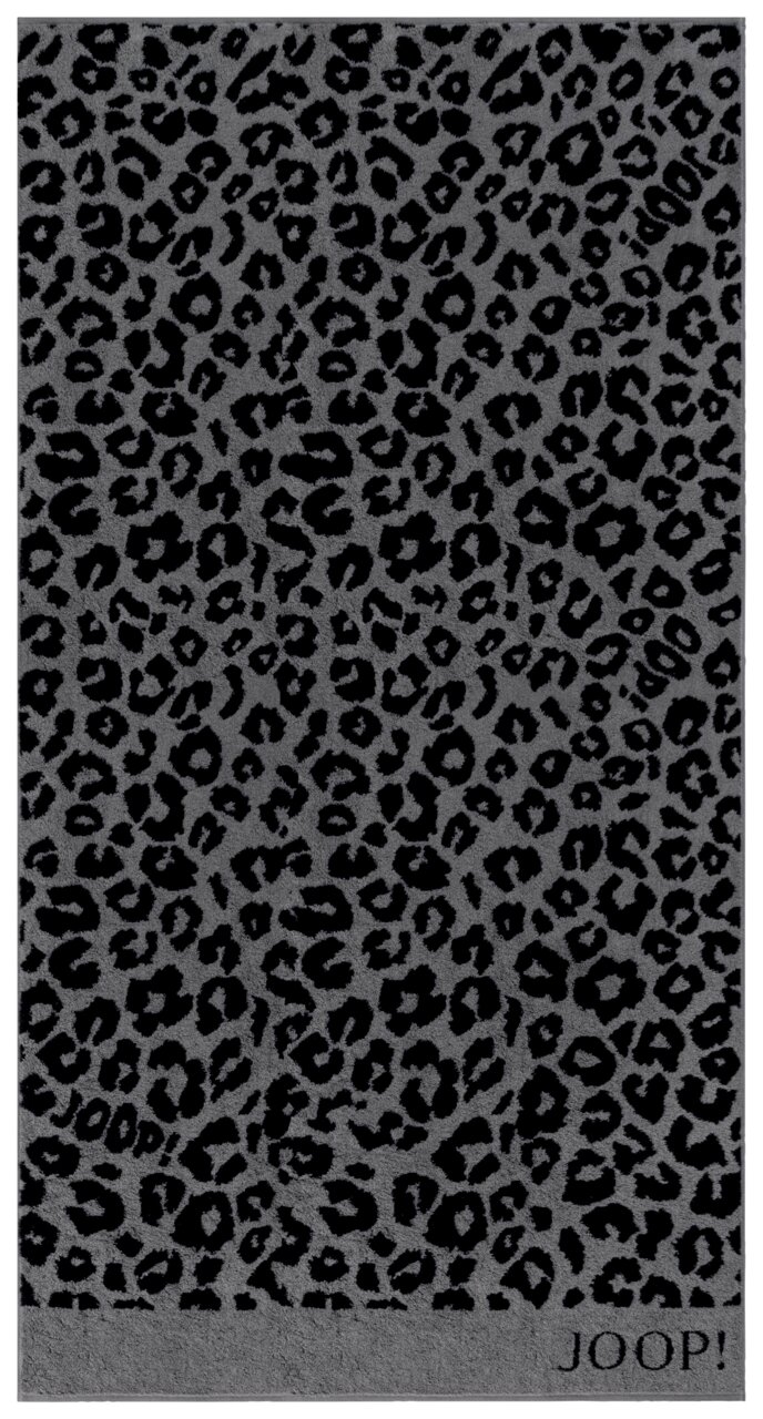 Graues Duschtuch mit schwarzem Leopardenmuster, Draufsicht