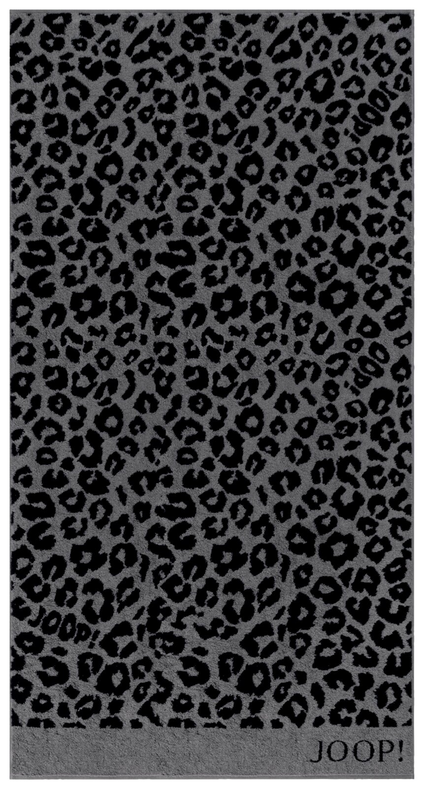 Graues Duschtuch mit schwarzem Leopardenmuster, Draufsicht
