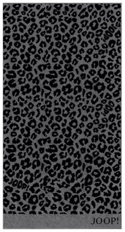 Graues Duschtuch mit schwarzem Leopardenmuster, Draufsicht