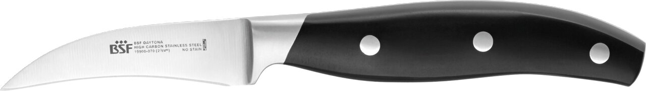 Schrägansicht eines Schälmessers mit schwarzem Griff und Edelstahlklinge.