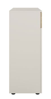 Seitenansicht eines modernen, hellgrauen Aktenschranks mit minimalistischer Gestaltung.