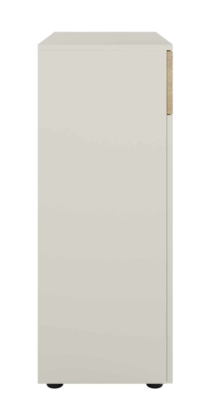 Seitenansicht eines modernen, hellgrauen Aktenschranks mit minimalistischer Gestaltung.