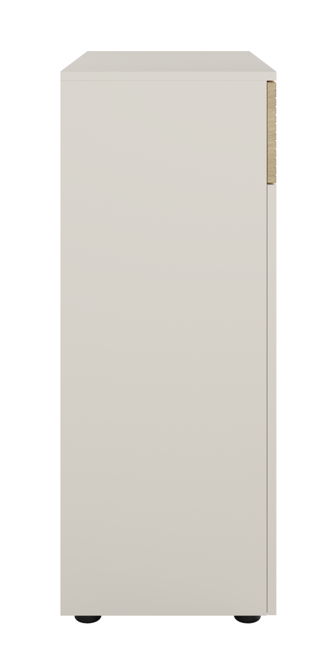 Seitenansicht eines modernen, hellgrauen Aktenschranks mit minimalistischer Gestaltung.