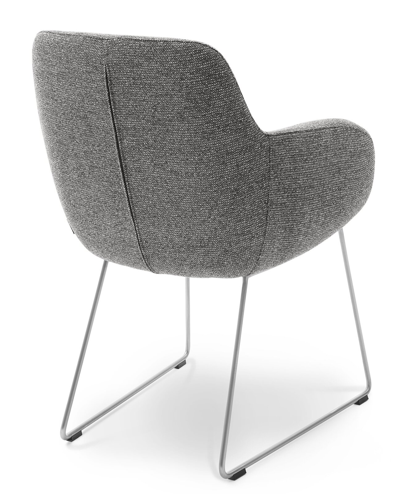 Rückansicht eines grauen Armlehnstuhls mit Metallgestell.