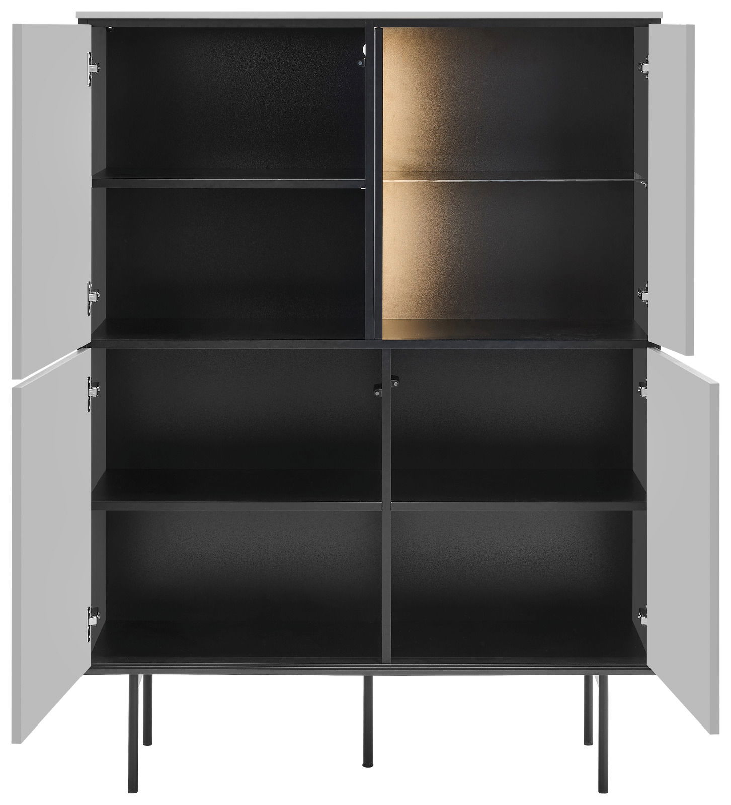 Offenes Highboard mit vier Türen, schwarzem Innenraum und goldener Rückwand, frontale Ansicht