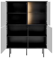 Offenes Highboard mit vier Türen, schwarzem Innenraum und goldener Rückwand, frontale Ansicht