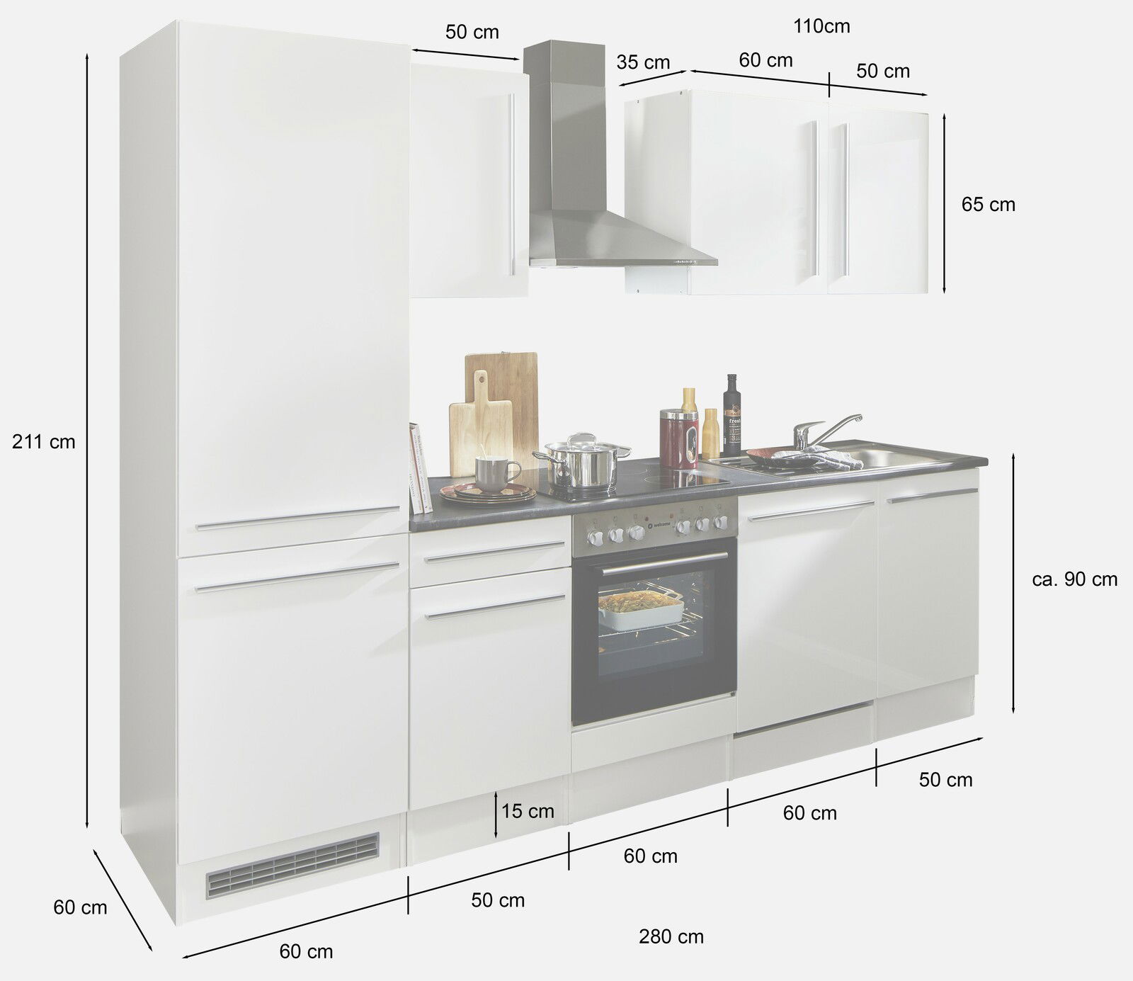 Küchenblock 280 JAZZ in weißer Farbe, bestehend aus mehreren Schränken, einem Herd mit Backofen, einer Dunstabzugshaube und einer Spüle. Die Perspektive zeigt die Frontansicht der gesamten Küchenzeile.