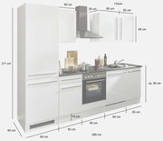 Küchenblock 280 JAZZ in weißer Farbe, bestehend aus mehreren Schränken, einem Herd mit Backofen, einer Dunstabzugshaube und einer Spüle. Die Perspektive zeigt die Frontansicht der gesamten Küchenzeile.