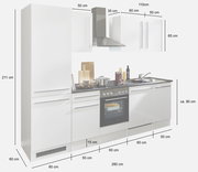 Küchenblock 280 JAZZ in weißer Farbe, bestehend aus mehreren Schränken, einem Herd mit Backofen, einer Dunstabzugshaube und einer Spüle. Die Perspektive zeigt die Frontansicht der gesamten Küchenzeile.