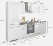 Küchenblock 280 JAZZ in weißer Farbe, bestehend aus mehreren Schränken, einem Herd mit Backofen, einer Dunstabzugshaube und einer Spüle. Die Perspektive zeigt die Frontansicht der gesamten Küchenzeile.