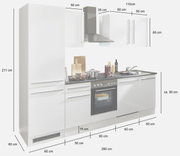 Küchenblock 280 JAZZ in weißer Farbe, bestehend aus mehreren Schränken, einem Herd mit Backofen, einer Dunstabzugshaube und einer Spüle. Die Perspektive zeigt die Frontansicht der gesamten Küchenzeile.
