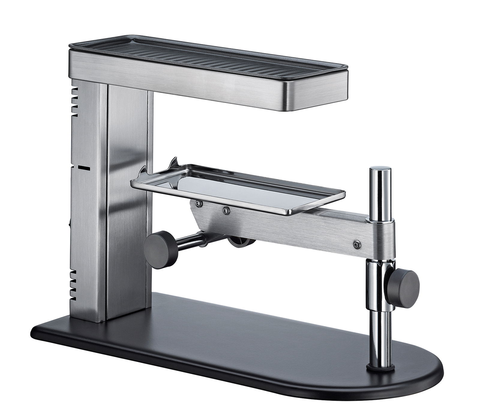 Moderner Raclette-Ofen aus Edelstahl in seitlicher Perspektive mit verstellbarer Halterung und Heizplatte.