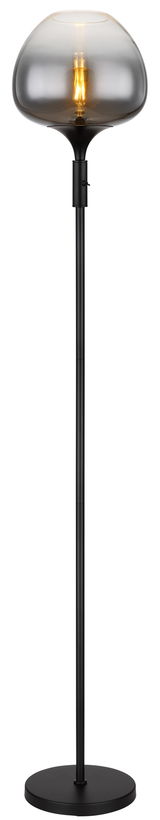Moderne Stehleuchte mit schwarzem Ständer und rauchgrauem Glaslampenschirm, frontal abgebildet.