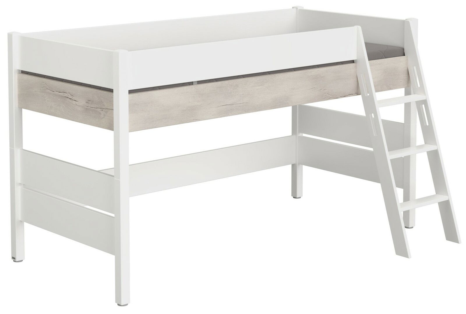 Paidi Spielbett KIRA Weißes Spielbett mit Holzoptik-Elementen und seitlicher Leiter, seitliche Perspektive