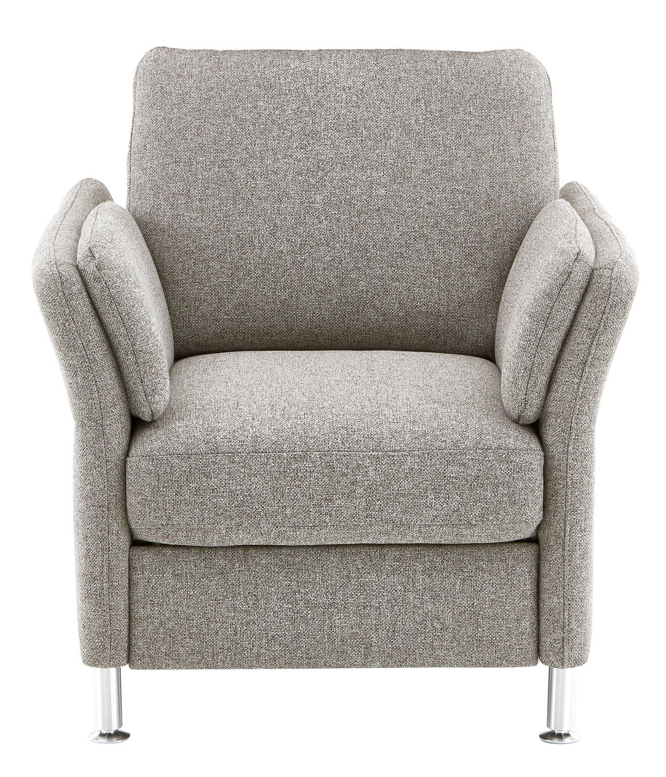 Grauer Sessel mit Armlehnen und Metallfüßen, Frontalansicht