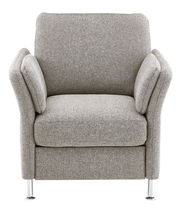 Grauer Sessel mit Armlehnen und Metallfüßen, Frontalansicht