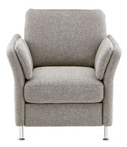 Grauer Sessel mit Armlehnen und Metallfüßen, Frontalansicht