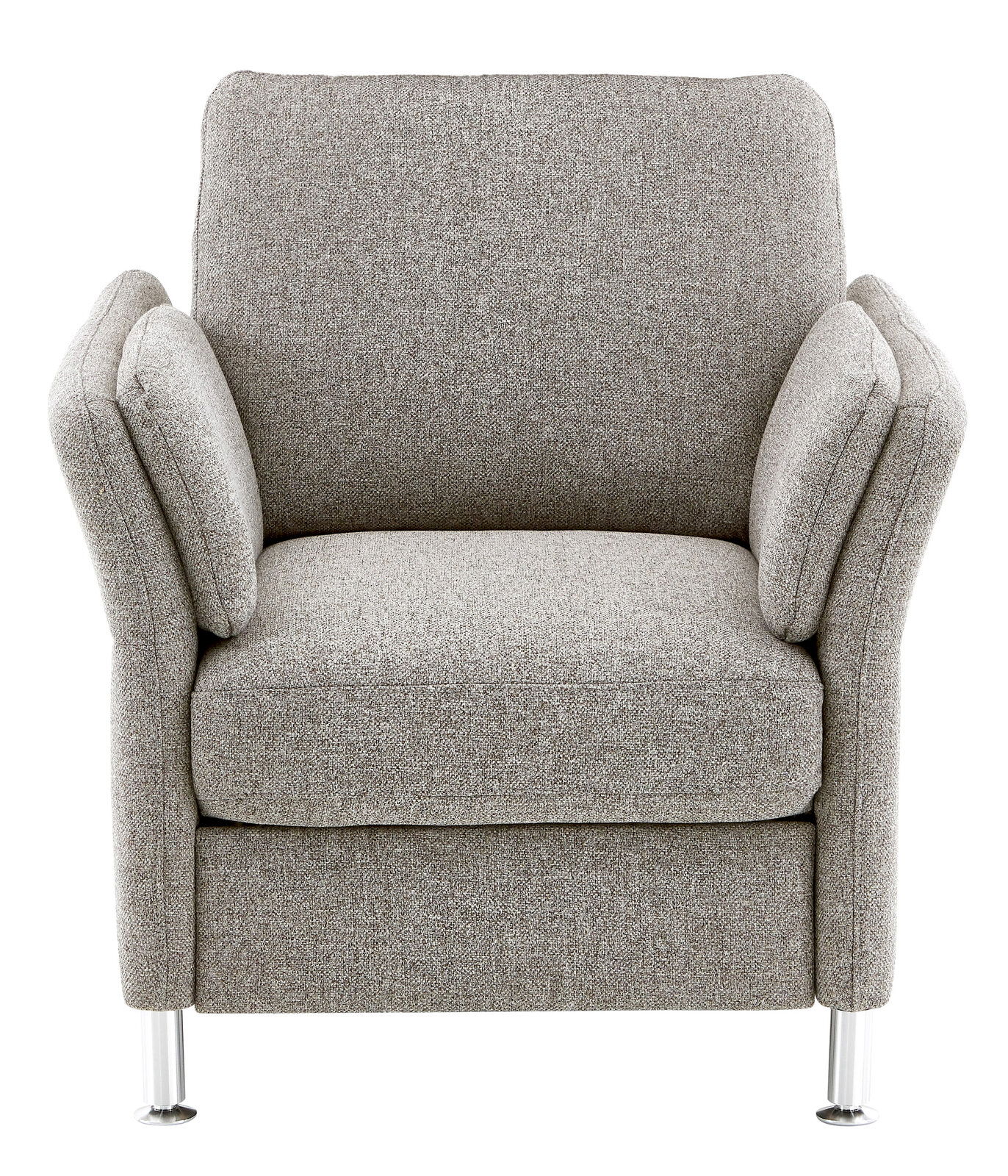 Grauer Sessel mit Armlehnen und Metallfüßen, Frontalansicht