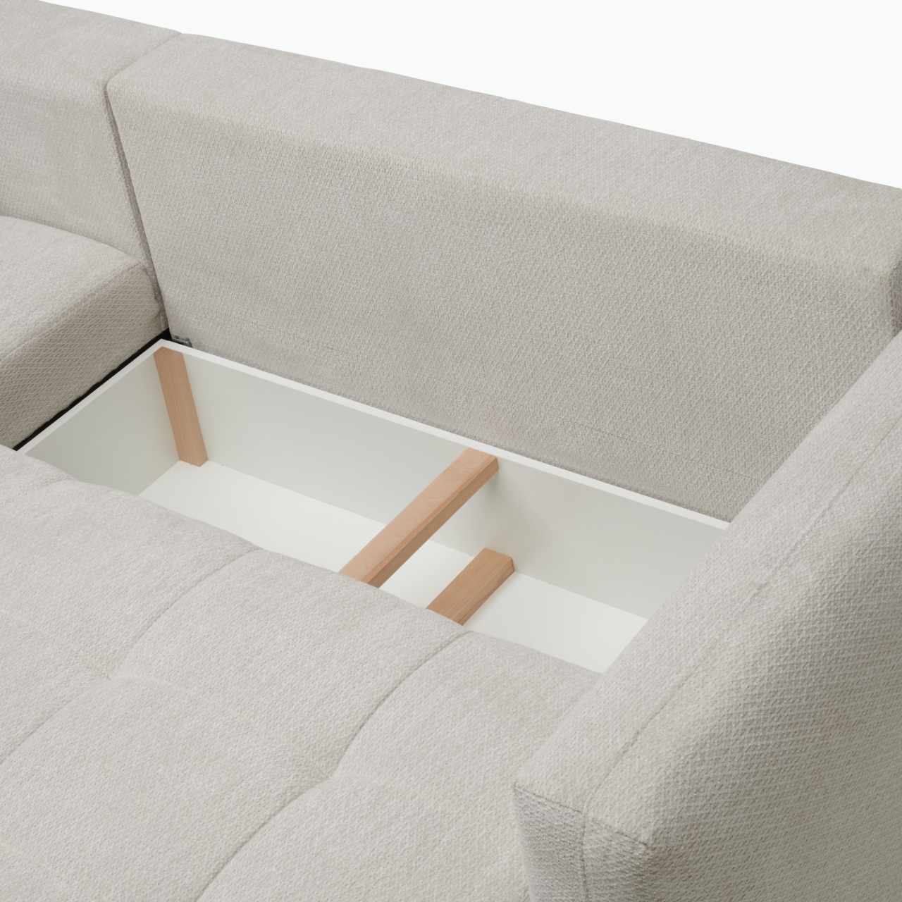 Ecksofa London von Hom'in mit geöffneter Stauraumfunktion, Perspektive von oben.