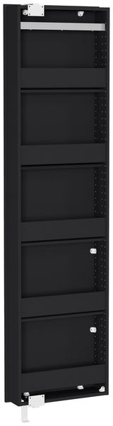 Schwarzer Drehschuhschrank in seitlicher Perspektive mit mehreren Regalfächern.