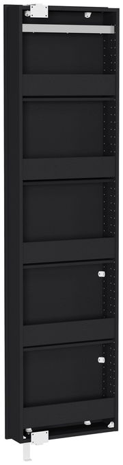 Schwarzer Drehschuhschrank in seitlicher Perspektive mit mehreren Regalfächern.