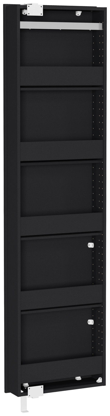 Schwarzer Drehschuhschrank in seitlicher Perspektive mit mehreren Regalfächern.