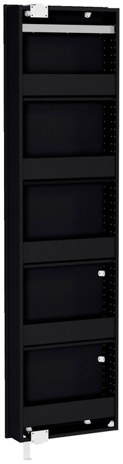 Schwarzer Drehschuhschrank in seitlicher Perspektive mit mehreren Regalfächern.