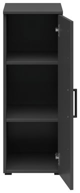 Schwarzer Mehrzweckschrank mit geöffneter Tür, zwei Einlegeböden, Frontalansicht