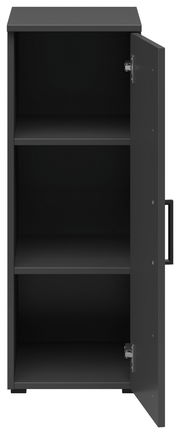 Schwarzer Mehrzweckschrank mit geöffneter Tür, zwei Einlegeböden, Frontalansicht