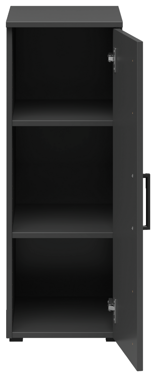 Schwarzer Mehrzweckschrank mit geöffneter Tür, zwei Einlegeböden, Frontalansicht