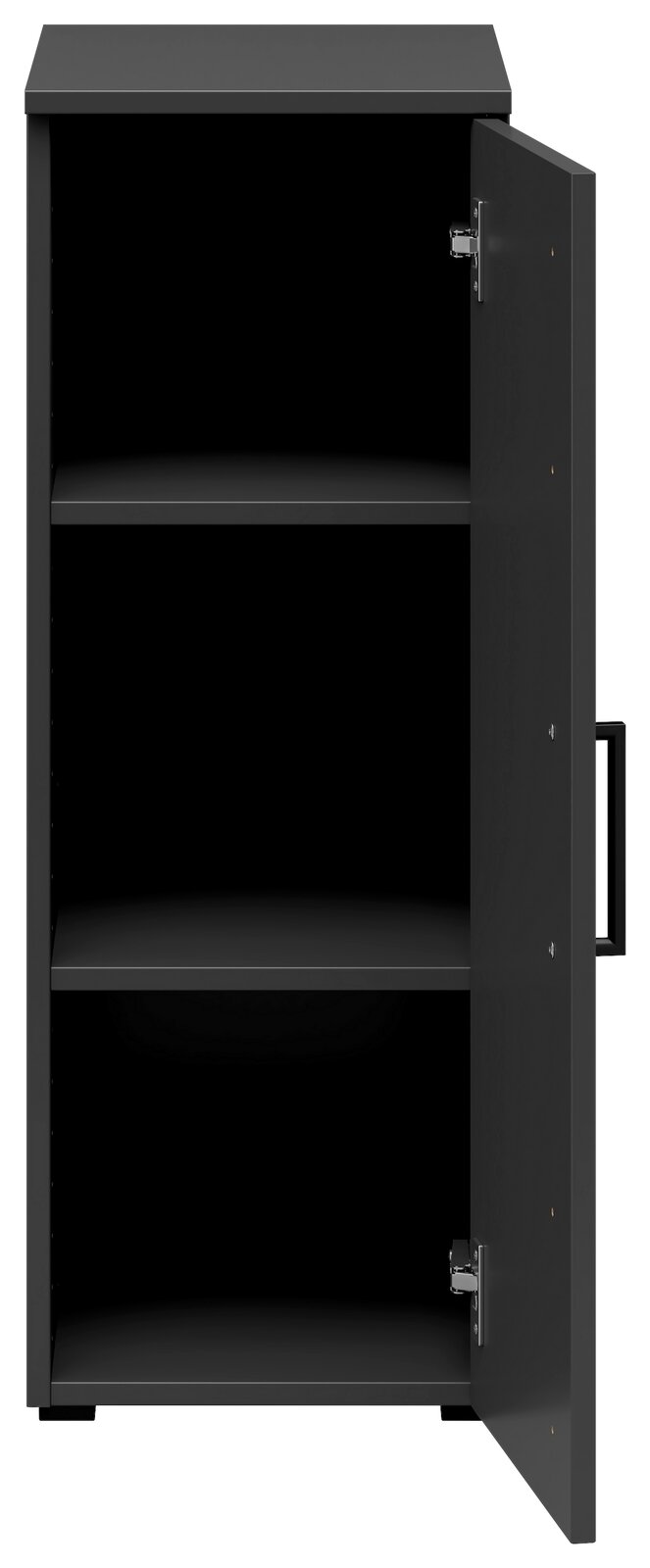 Schwarzer Mehrzweckschrank mit geöffneter Tür, zwei Einlegeböden, Frontalansicht