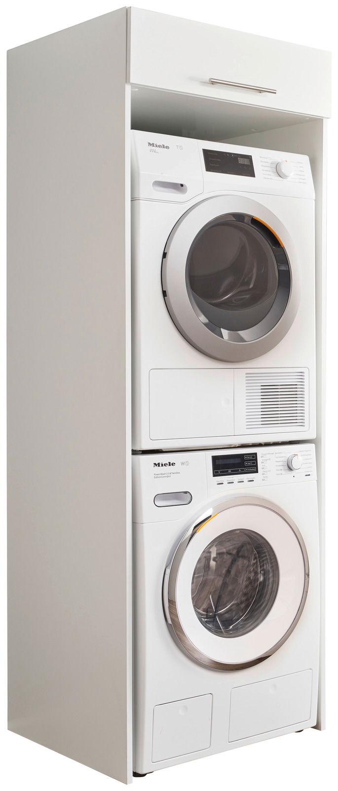 Doppel-Geräteschrank mit Waschmaschine und Trockner, seitliche Perspektive