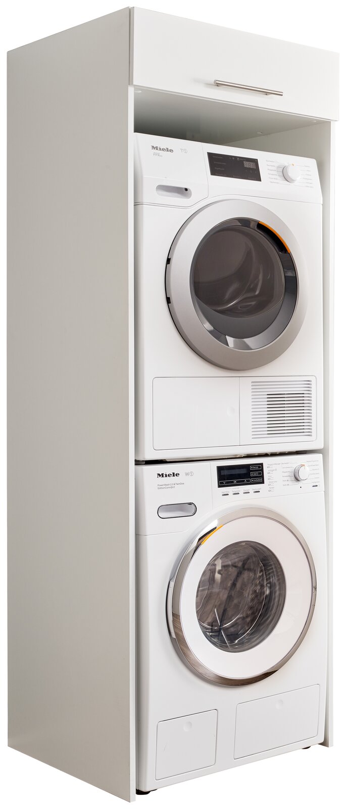 Doppel-Geräteschrank mit Waschmaschine und Trockner, seitliche Perspektive