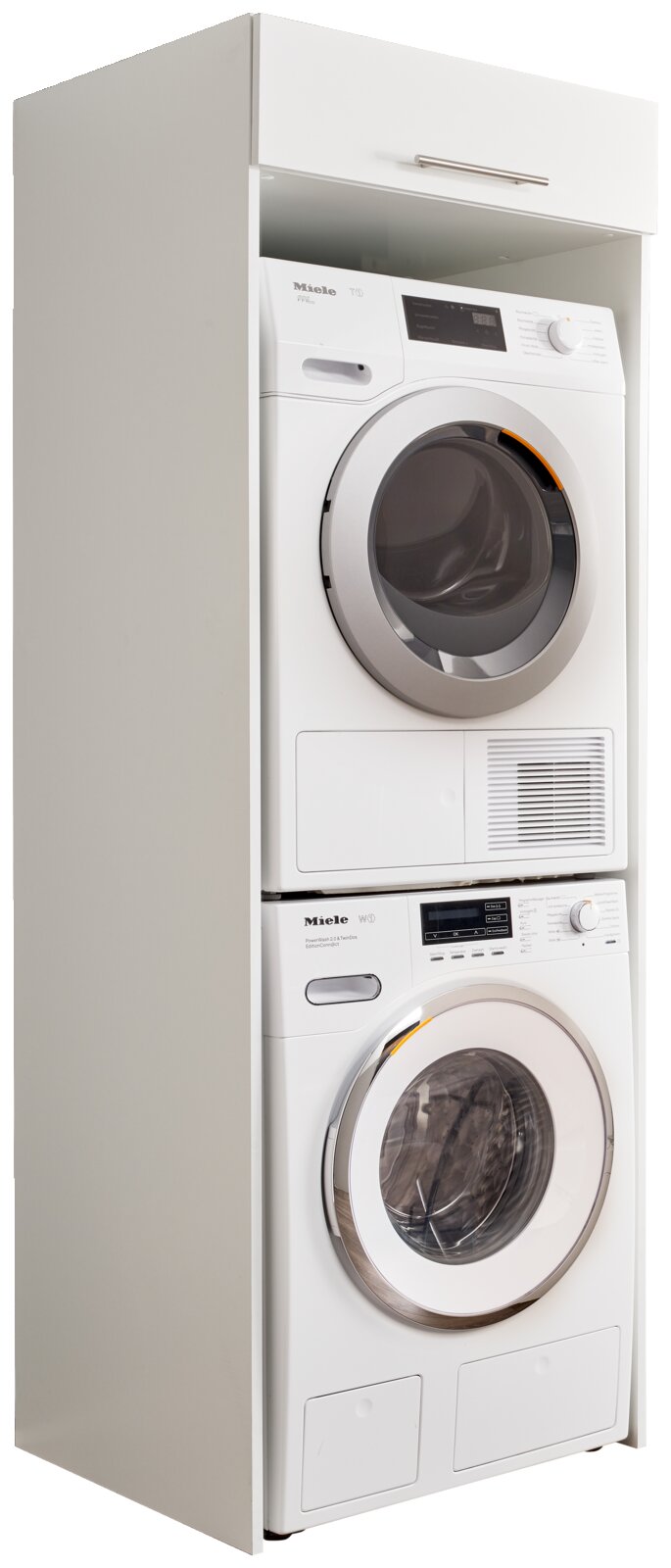 Doppel-Geräteschrank mit Waschmaschine und Trockner, seitliche Perspektive