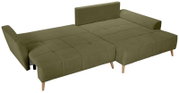 Olivgrünes Schlafsofa mit gesteppter Liegefläche, ausgeklappt zur großen Schlaf-/Liegefläche, mit Holzfüßen und Armlehne, Ansicht schräg von vorne oben