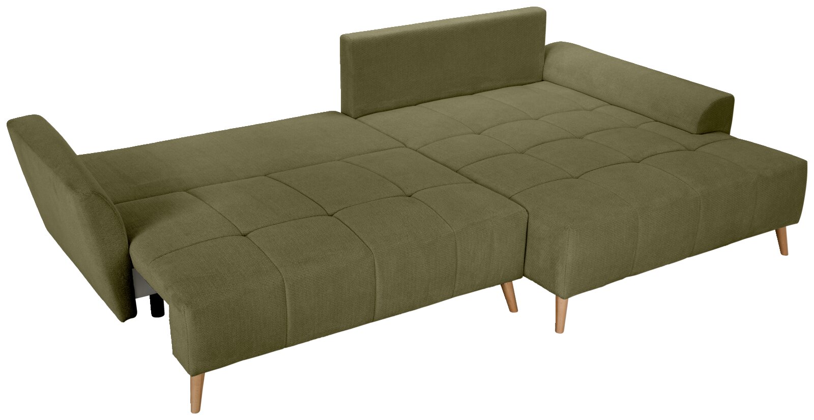 Olivgrünes Schlafsofa mit gesteppter Liegefläche, ausgeklappt zur großen Schlaf-/Liegefläche, mit Holzfüßen und Armlehne, Ansicht schräg von vorne oben