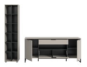 Modernes Sideboard und hoher Schrank in Beige mit schwarzen Innenfächern, geöffneten Türen und Klappe, Frontansicht leicht schräg von vorn auf weißem Hintergrund.