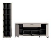 Modernes Sideboard und hoher Schrank in Beige mit schwarzen Innenfächern, geöffneten Türen und Klappe, Frontansicht leicht schräg von vorn auf weißem Hintergrund.